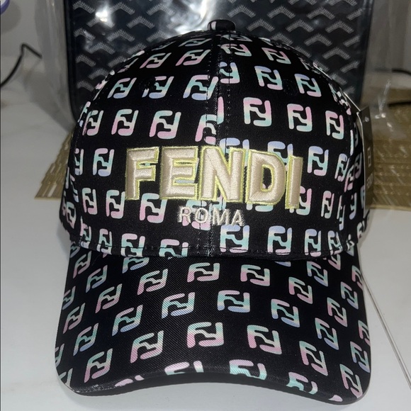 Fendi Accessories - Fendi Black Baseball Cap with Pastel Pink & Light Blue FF Pattern